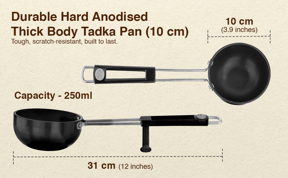 Prestige Hard Anodised Tadka Pan 10 cm | Stay Cool Handle | Built-in Stand | Metal Spoon Friendly | Base Thickness 3 mm | 2Y Warranty | ISI Certified