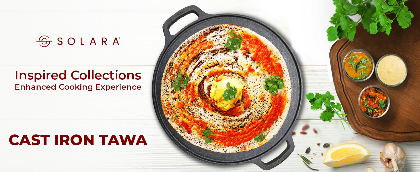 SOLARA Cast Iron Tawa for Roti and Dosa 12 Inch, Pre-Seasoned Cookware