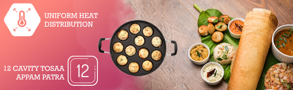 Tosaa Non-Stick 12 Cavity Appam Patra Side Handle with lid, Color May Vary