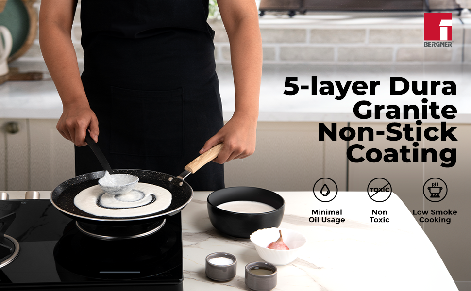 BERGNER Bellini Plus Aura 5-Layer Non-Stick 30 cm Dosa Tawa, Soft Touch Wooden Finish Handle, Food Safe, PFOA Free, Even Heat Distribution, 4mm Thickness, Induction Bottom, 1-Year Warranty, Black