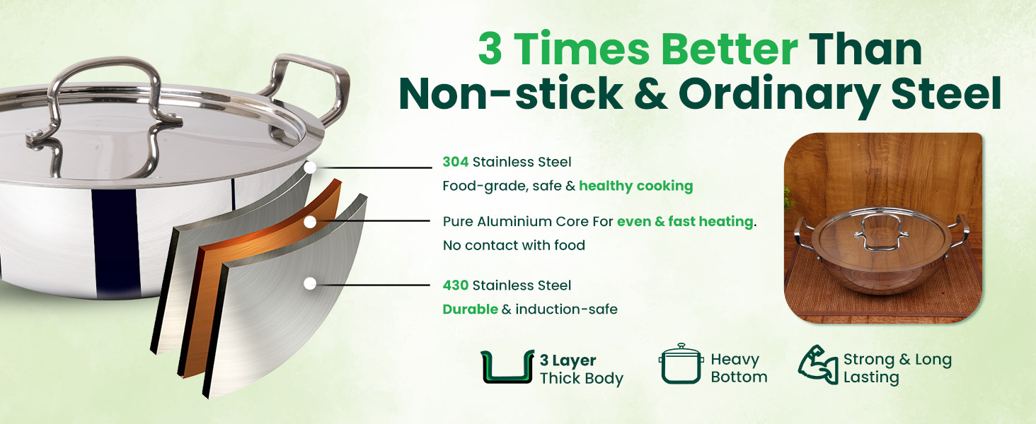 The Indus Valley Triply Stainless Steel Deep Kadai/Kadhai 2.2 LTR with Stainless Steel Lid | 20 cm/7.87 inch,1.39kg | Induction Friendly | Nonstick 3-Layer Body, 100% Pure & Toxin-Free