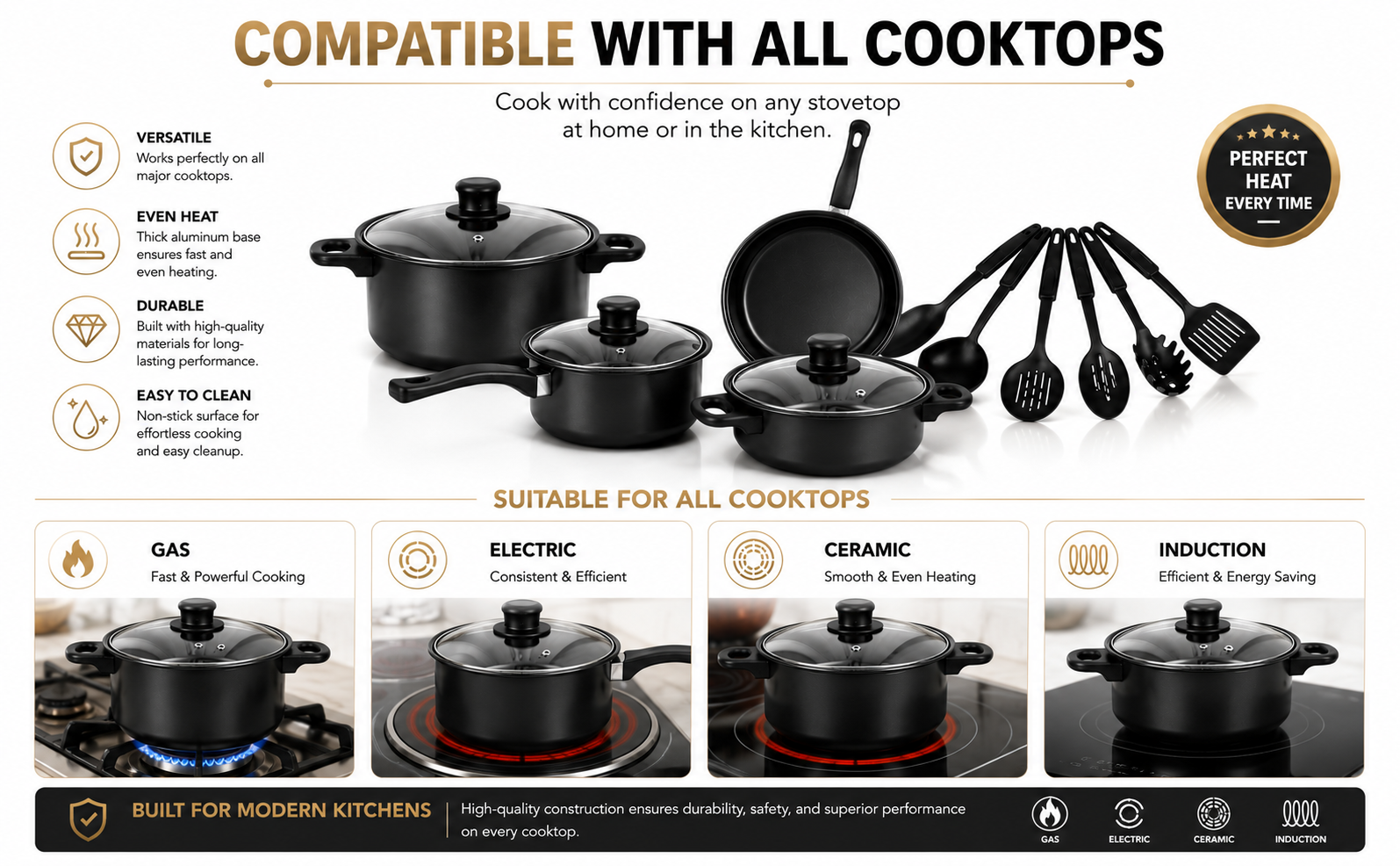 13pcs Non-Stick Iron Kitchen Cookware Set with Lids – Includes 1Pc Frying Pan, 2Pcs Casserole, 1Pc Sause Pan with 3 Lids & 6Pcs Ladle Set Induction Safe – Nylon Utensils – Beginner Cooking Set