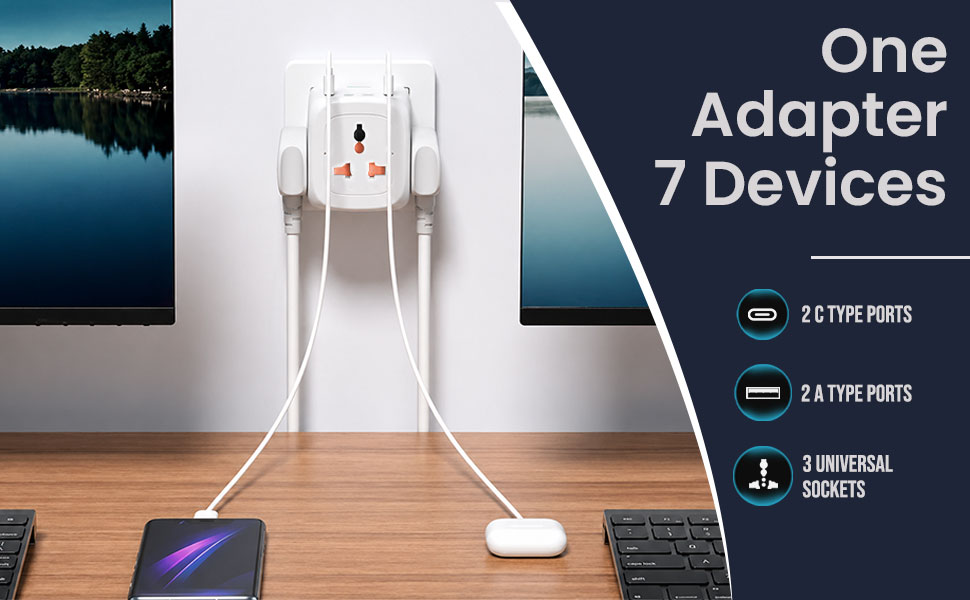EMBOX Multi Plug Socket with Type C Port Master Switch-Cordless Extension Board with 3 Sockets 2 USB A & 2 USB C Slot (2.4A-Direct Plug)-3 Pin Multiplug with Safety Shutter Protection-2500W