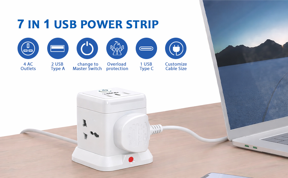 EMBOX Cube Extension Board 5 Meter Cable (QC 3.0)| 2500W Heavy Duty Extension Board with USB Type C Universal Sockets & Master Switch |Compact Extension Cord Safety Shutter & Overload Protector