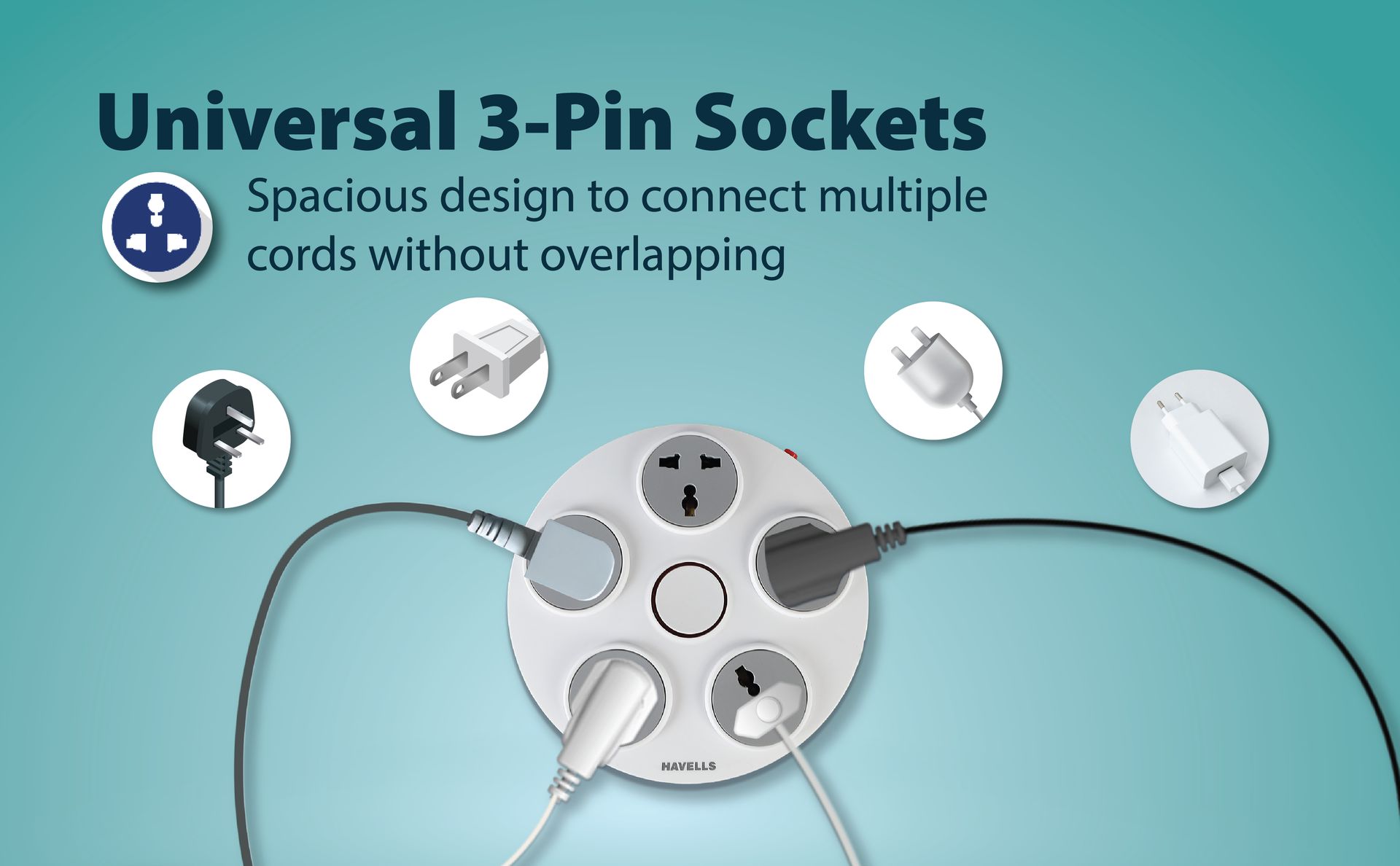 Havells Wheel Star 5X 5+1 Round Extension Board | Overload, Over Current & Over Voltage Protection | 1.5 Mtr Copper Wire | ISI Certified Wire & Plug | Universal 3 Pin 5 Sockets | LED Indicator | Home & Office Use