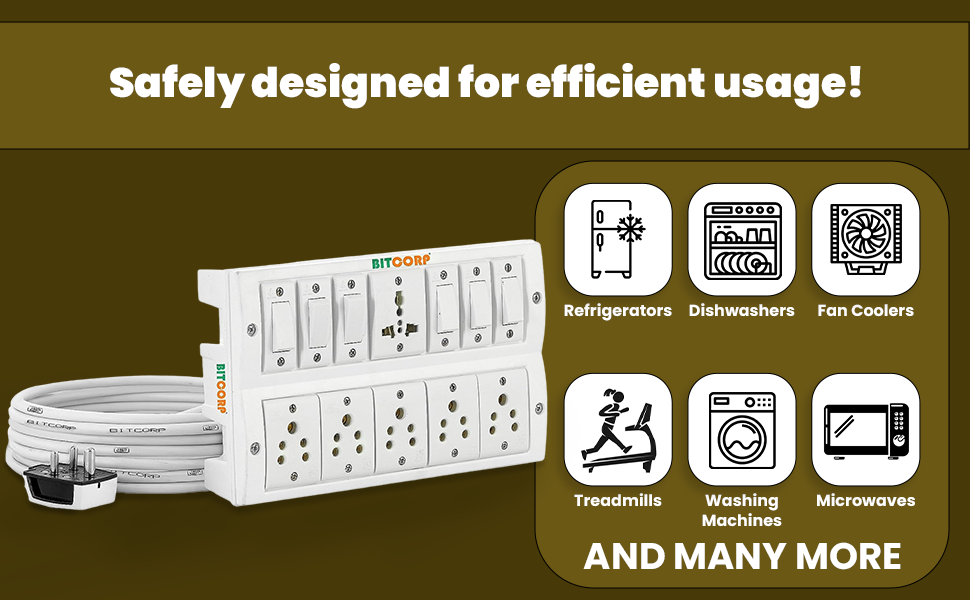 Bitcorp 2500W Power Strip, 6A Universal Extension Board with 6 Socket 6 Switch, Surge Protector, 1 Meter Cord for Home Gadgets, Office, Fridge, Cooler, Air Conditioner (White) 220V