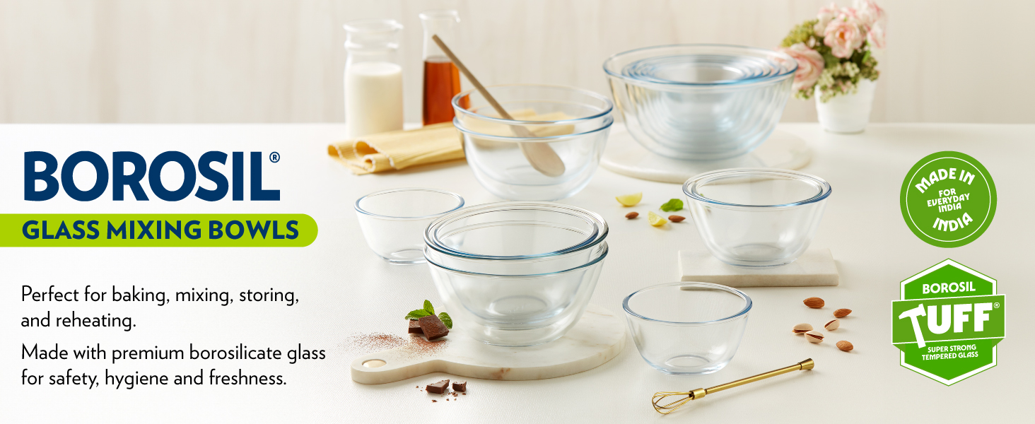 Borosil Glass Mixing & Serving Bowl, Oven & Microwave Safe Bowl, 900 ml, Borosilicate Glass, Clear