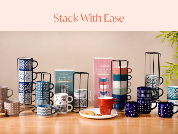 Nestasia Stackable Ceramic Cups Set of 4 (240 ml Each) | Printed Tea & Coffee Mugs with Glossy Finish - Microwave & Dishwasher Safe | Ideal for Daily Use & Gifting (Floral Blue)