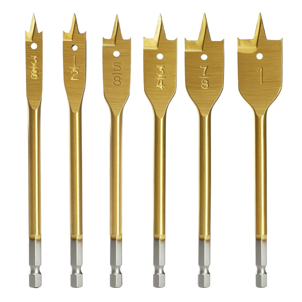 COMOWARE Spade Drill Bit Set- Paddle Flat Bits, Hole Cutter, Titanium Coating, Carbon Steel, Woodworking, 6-Pieces, 3/8"-1"