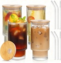 16oz Glass Cups with Lids & Straws - Vintage Tumblers for Iced Coffee, Cocktails, Beer, Tea, Latte - Home Bar Essential (4pcs-16oz)