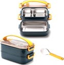 IIF Bento Box Lunch Box 1.6L Double Stack Compartments with Spoon Fork Removable Stainless Steel Container Leakproof