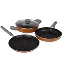Prestige Omega Deluxe Non-Stick Mutfak 3 Adet |PFOA Free 5-Layer Kaplama | Omni Tawa 25 cm | Fry Pan 24 cm | Kadai with Glass Lid 24 cm | Brown | Dishwasher Safe