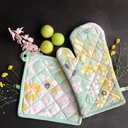 Pixel Home Organic Cotton Flower Print Oven Mitt ve Pot Holder (Green Flower GPH)