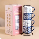 Nestasia Stackable Seramik Cups Set of 4 (240 ml each) | Baslı Çay ve Kahve Mugs with Glossy Finish - Mikrodalga & Dishwasher Safe | Modern for Daily Use & Hediyeing (Floral Blue)