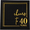 Cheers to Years Cocktail Napkins - 50PK - 3-Ply Birthday Napkins 5x5 Inches Disposable Party Napkins Paper Beverage Napkins for Birthday Decorations Wedding Anniversary Black and Gold (40 Years)