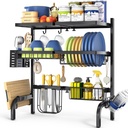 TOOLF Over The Sink Dish Drainer Drying Rack, Adjustable (25.19"-37.4") Over Sink Dish Drying Rack, Extra Large Extendable Dish Rack Above Kitchen Sink, 3 Tier Dishes Strainer with Storage Basket