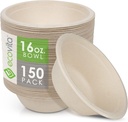Ecovita 100% Compostable Paper Bowls [16 oz.] – 150 Disposable Bowls Eco Friendly Sturdy Tree Free Liquid and Heat Resistant Alternative to Plastic or Paper Bowls