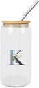 Glass Cups with Bamboo Lids And Straw 16 Oz, Watercolor Floral Initial Alphabet K Monogram Letter Iced Tea Glasses Drinking Glasses Set Tumbler Glass Can Coffee Cups, Drinking Glassware