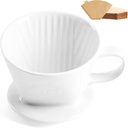 Pour Over Coffee Dripper with 60PCS Paper Filter, Ceramic Pour Over Coffee Maker with 3 Holes Flat Bottom, Porcelain Slow Filter Cone for Travel, Camping, Office, Home, Coffee Maker Brew