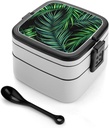 Tropical Palm Leaf Lunch Box with Handle Stackable 2 Layer Leak-Proof Bento Box Portable Food Containers for Unisex