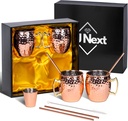 Moscow Mule Mugs - 16oz Hammered Copper Mugs Set of 4 with 4 Copper Straws, 1 Shot Glass - Cups with Stainless Steel Lining for Bars, Gift Packaging, Beers, Wines - Perfect for Drinking