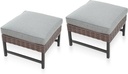 Patio Ottomans Set of 2 Wicker Foot Stools Outdoor Ottoman Footstool with 4" Thick Grey Cushion Metal Frame, 23.6" W x 23.6" D x 17.3" H