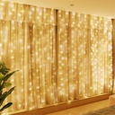 HXWEIYE 300LED Fairy Curtain Lights, 9.8x9.8Ft USB Plug-in 8 Modes Christmas String Hanging Lights with Remote for Bedroom Backdrop Wedding Party Indoor Wall Decor, Warm White, Standard
