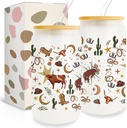 Pink Cow Girl Gifts For Women, 16oz Can Glass Cup With Lid And Straw
