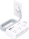 Power Strip Extension Cord - 6 Outlets and 4 USB (2 USB C), Braided Cord with Ultra Thin Flat Plug, Wall Mount, Overload Protection, Travel, Cruise Ship, Dorm Room Essentials (5FT, White)