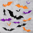 LOLStar 72PCS Halloween Bats Decoration, 4 Different Sizes Realistic PVC Black Purple and Orange 3D Bat Stickers for Summerween Home Decor DIY Wall Decal Indoor, Outdoor Halloween Party Supplies