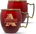 Custom Copper Moscow Mule with Smooth Painted Finish - Engraved Bar Style 100% Copper Cup with Personalized Bold Vine Letter Monogram Themed Engraving, Brass Handle | 18 oz, Red | Set of 2