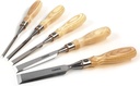 Narex 853655 5 Piece Set of Richter Extra Bevel Edge Chisel without Box (1/4, 3/8, 1/2, 3/4 and 1 inch) Cryogenic Treated Cr-V Steel Hardened to HRc 62 Ergonomic Ash Handles Stainless Steel Ferrules