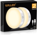 WILLED 3000K Dimmable Touch Lights, Battery Rechargeable Tap Lights, Magnet Stick on Closet Light, Portable LED Puck Night Lights for Cabinet, Wardrobe, Counter, Kitchen, Bedroom (2 Pack)